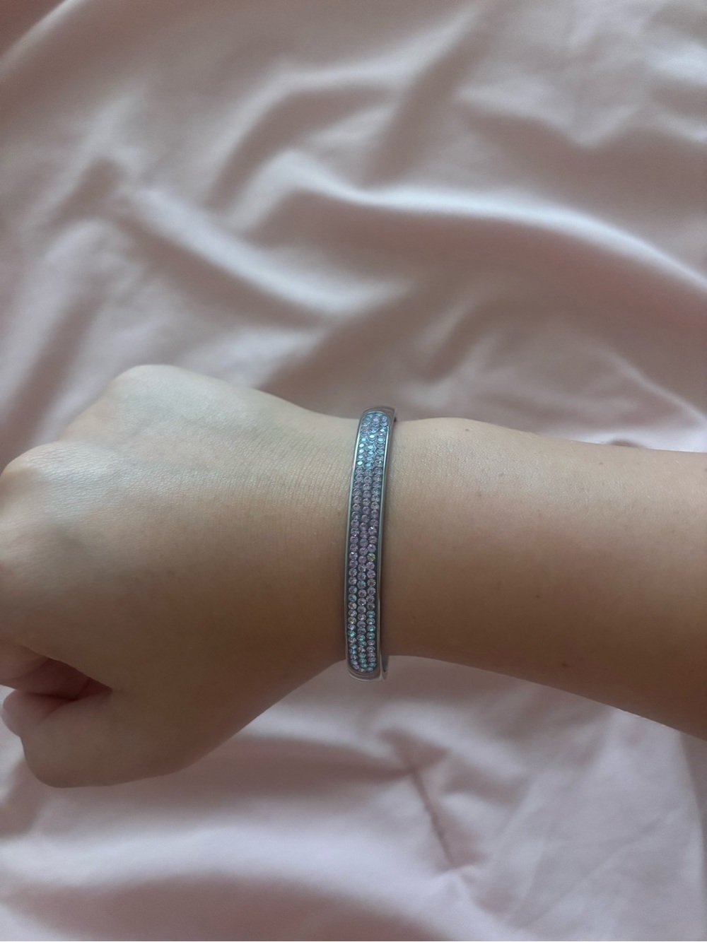 Iridescent Pink Crystal Pavé Hinged Bangle Bracelet